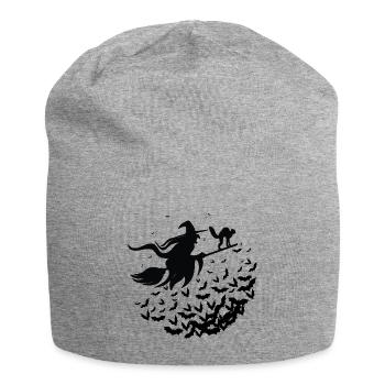 Witch and her cat on her Broom - Halloween - Jersey Beanie - heather grey - Front