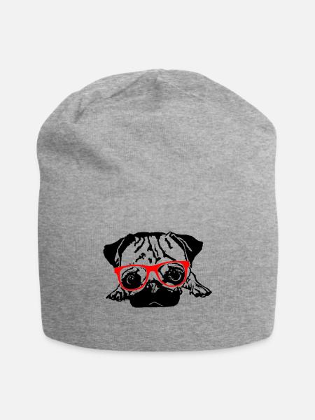 Mops rote Brille - Jersey-Beanie - Grau meliert