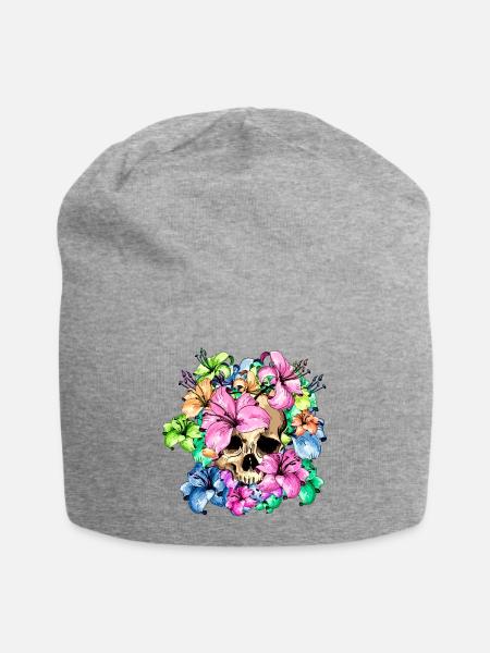 Schädel umgeben von Lilien Skull and flowers - Jersey-Beanie - Grau meliert