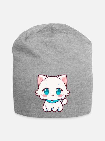 Kawaii Weiße Chibi-Katze – Süße Anime-Katze - Jersey-Beanie - Grau meliert