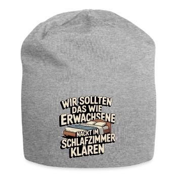 Erwachsene Humor Spruch – Im Schlafzimmer klären - Jersey-Beanie - Grau meliert - Vorne