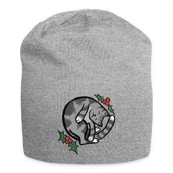 Cozy Sleepy Cat with Holly - Jersey Beanie - heather grey - Front