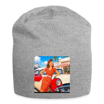 Polka-Punkt-Pinup im roten Kleid - Jersey-Beanie - Grau meliert - Vorne
