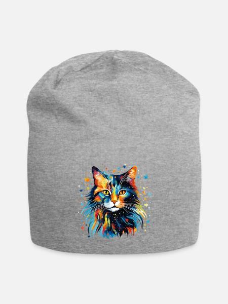 Bunte Katze Aquarell Farbenfroh Kunst Magisch - Jersey-Beanie - Grau meliert