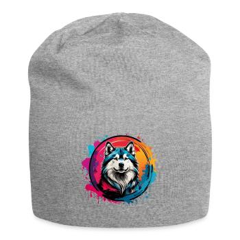 Sibirischer Husky Huskyportrait im Farbkreis - Jersey-Beanie - Grau meliert - Vorne