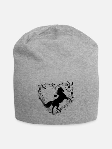Pferd Blumen und Herzen - Jersey-Beanie - Grau meliert