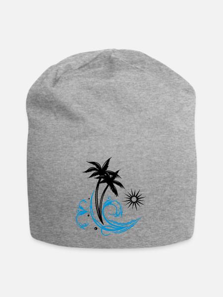Palm trees with wave and sun, vacation, surf - Jersey Beanie - heather grey