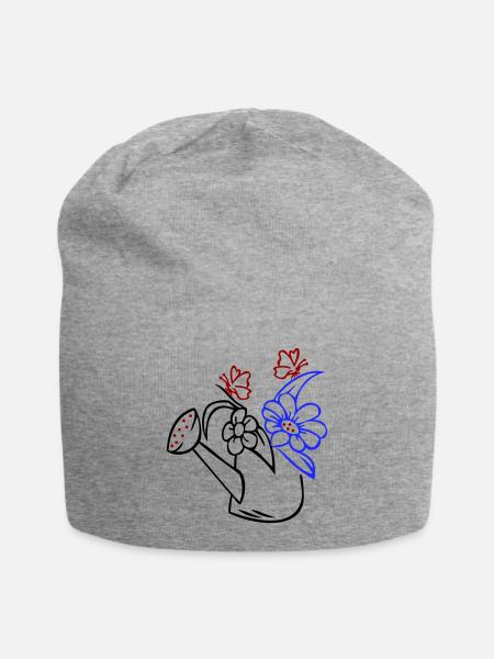 Gießkanne mit Blumen und Schmetterlingen - Jersey-Beanie - Grau meliert