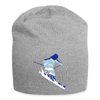 Skier and mountain silhouette - skiing, skiing - Jersey Beanie - heather grey - Front