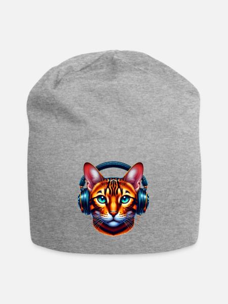 Bengalkatze mit Kopfhörer - Jersey-Beanie - Grau meliert