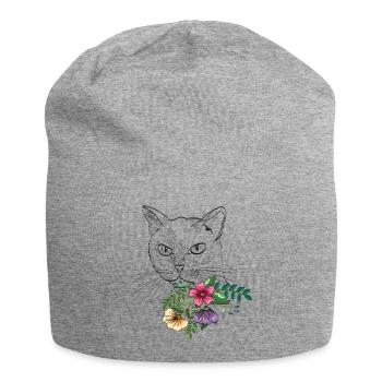 Chat avec bouquet de fleurs - Bonnet en jersey - gris chiné - Devant