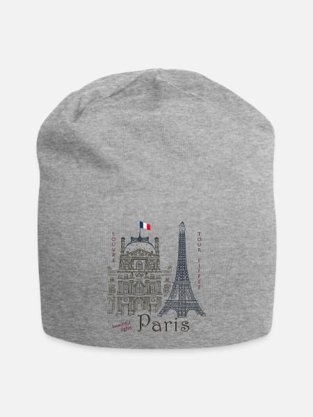 Paris, Zeichnung Louvre & Eiffelturm - Jersey-Beanie - Grau meliert