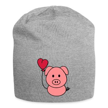 Schweinchen mit Herzballon - Jersey-Beanie - Grau meliert - Vorne