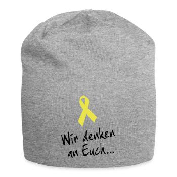 Gelbe Schleife Solidarität - Wir denken an Euch - Jersey-Beanie - Grau meliert - Vorne