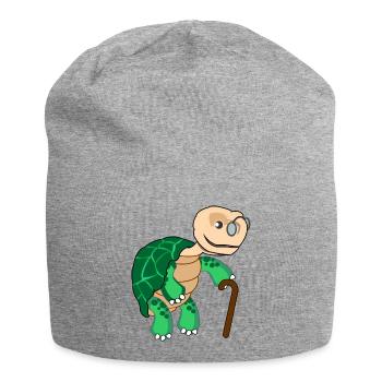 Slow turtle with glasses and walking stick - Jersey Beanie - heather grey - Front