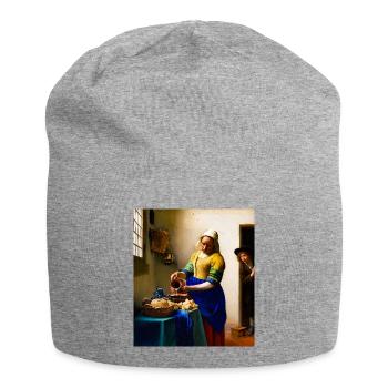Milchmagd am Tisch im warmen Inneren - Jersey-Beanie - Grau meliert - Vorne