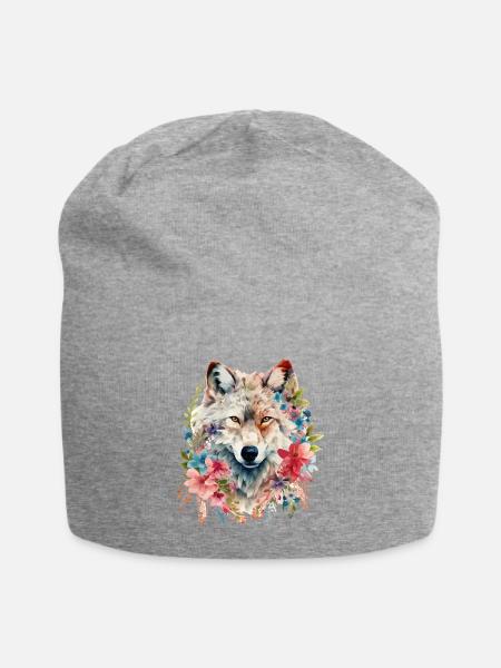Wolf Wolfskopf Blumen Natur Wildnis Aquarell Kunst - Jersey-Beanie - Grau meliert
