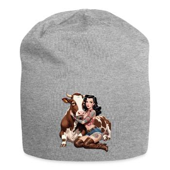 Pin-up farmer with tattoo and cow - Jersey Beanie - heather grey - Front