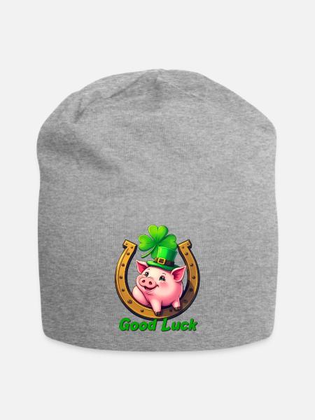 Glücks-Schwein mit Kleeblatt - Jersey-Beanie - Grau meliert