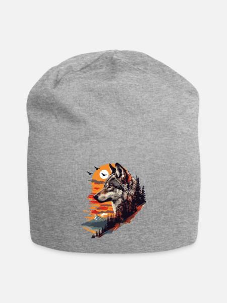 Wolf Wolfskopf Wald Natur Berge Wildnis Sonne - Jersey-Beanie - Grau meliert