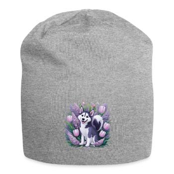 Dessin animé Husky avec des tulipes, lilas pour les fans de husky - Bonnet en jersey - gris chiné - Devant