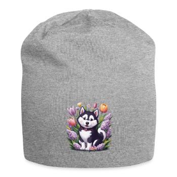 Dessin animé Husky avec des tulipes, lilas pour les fans de husky - Bonnet en jersey - gris chiné - Devant