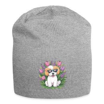 NBichon Frisé aux tulipes et lilas - Bonnet en jersey - gris chiné - Devant