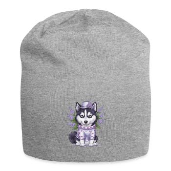 Cute cartoon husky with lilac - Jersey Beanie - heather grey - Front