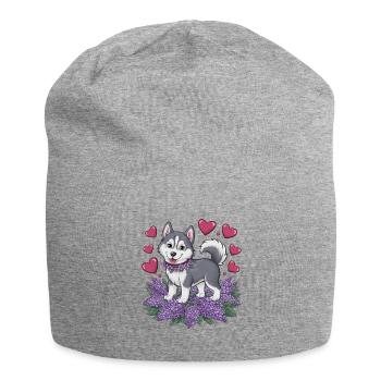 Cute cartoon husky with lilac - Jersey Beanie - heather grey - Front