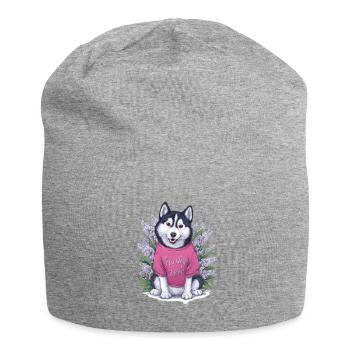 Cute cartoon husky with lilac - Jersey Beanie - heather grey - Front