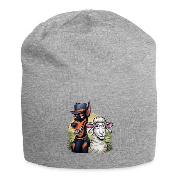 Cooler Doberman mit Schaf - Jersey-Beanie - Grau meliert - Vorne