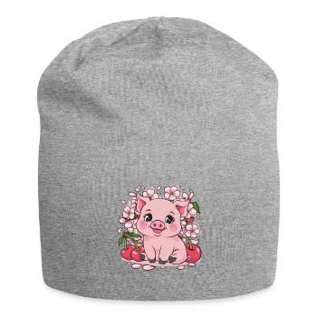 Sweet Kawai Pig with Sakura Cherry Blossoms - Jersey Beanie - heather grey - Front
