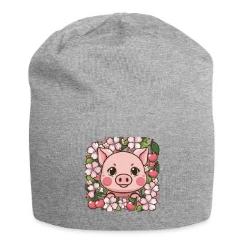 Süßes Kawai Schwein mit Sakura Kirschblüten - Jersey-Beanie - Grau meliert - Vorne