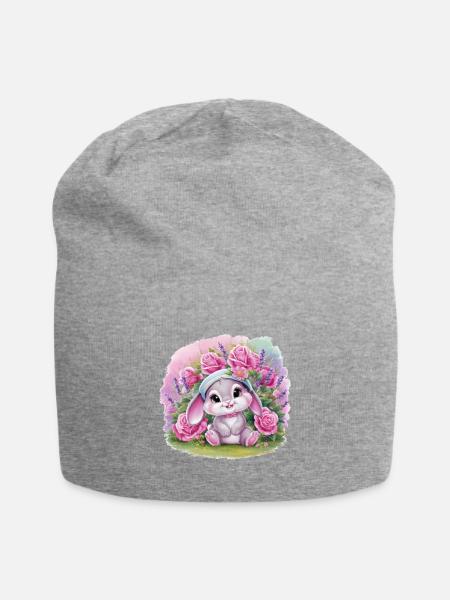 Süßes Kawaii Hase mit Rosen und Lavendel - Jersey-Beanie - Grau meliert