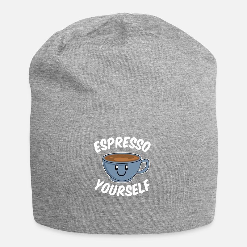Kaffee Wortspiel - "Espresso Yourself" - Geschenk - Jersey-Beanie - Grau meliert
