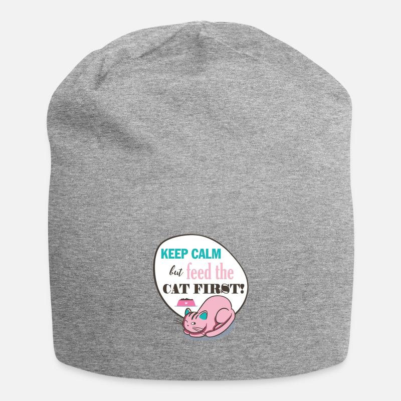 Cat Keep Calm But Feed The CAT FIRST! gift - Jersey Beanie - heather grey
