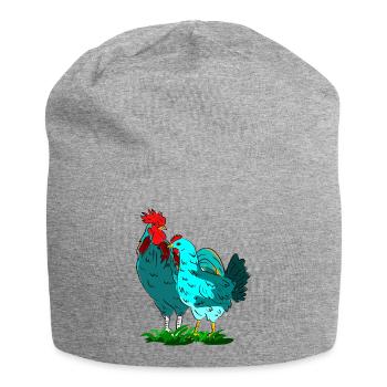 Bunte Hahnen- und Huhn-Kombination - Jersey-Beanie - Grau meliert - Vorne