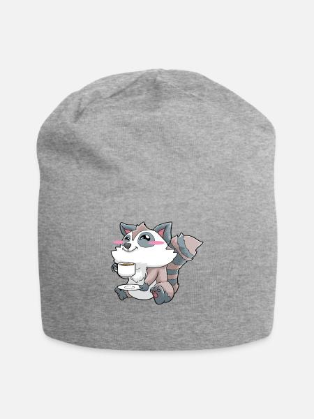 Lustiger Waschbär trinkt Kaffee - Jersey-Beanie - Grau meliert