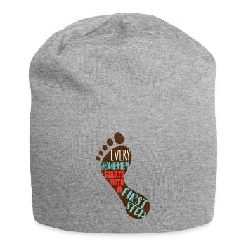 Jede Reise beginnt mit einem ersten Schritt - Jersey-Beanie - Grau meliert - Vorne