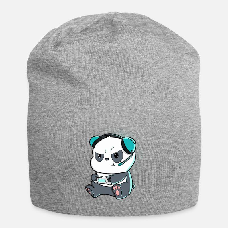 Comic-Style Panda mit Controller und Kopfhörer - Jersey-Beanie - Grau meliert