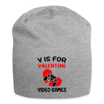 V is for video games - Valentine's Day Gamer Gamer - Jersey Beanie - heather grey - Front