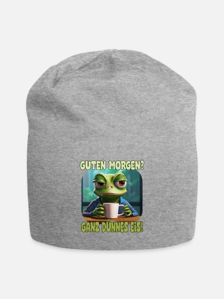 Lustiger Frosch mit Spruch, Guten Morgen ganz dünn - Jersey-Beanie - Grau meliert
