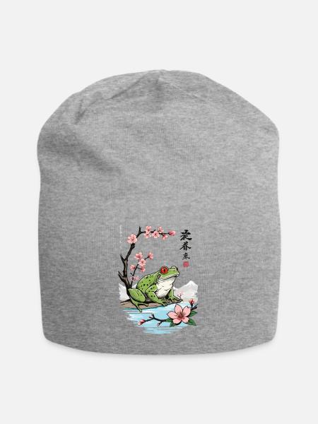 Vintage Ukiyo-E Frosch Kirschblüten Design - Jersey-Beanie - Grau meliert