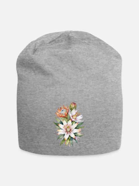 Asiatische Lilien und Protea-Blüten Aquarellkunst - Jersey-Beanie - Grau meliert
