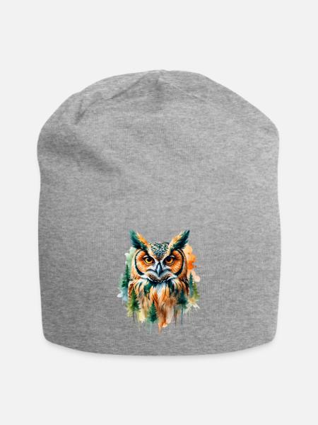 Wasserfarbene Eule im Walddesign - Jersey-Beanie - Grau meliert