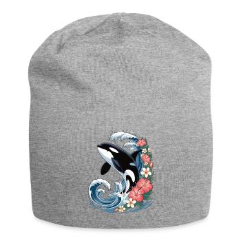 Orka in tropischen Wellen - Jersey-Beanie - Grau meliert - Vorne