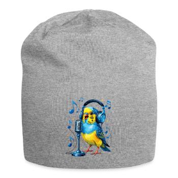 Papagei mit Kopfhörer-Mikro - Jersey-Beanie - Grau meliert - Vorne