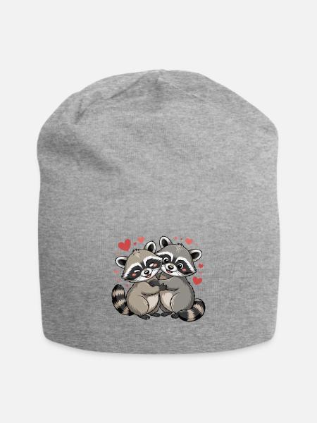 Niedlilches Waschbär Paar mit Herzen - Jersey-Beanie - Grau meliert