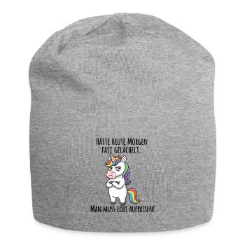 Fast gelächelt – Grummeliges Einhorn Morgenmuffel - Jersey-Beanie - Grau meliert - Vorne