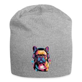 Französische Bulldogge Frenchie mit Kopfhörern - Jersey-Beanie - Grau meliert - Vorne